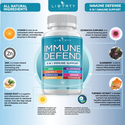 8 in 1 Immune Defense Support, Immunity Vitamins Supplement Booster with Zinc 50mg, Vitamin C Elderberry Vit D3 5000 IU, Turmeric Curcumin & Ginger, Echinacea - Allergy Relief for Kids Adults (2 Pack) - NewNest Australia