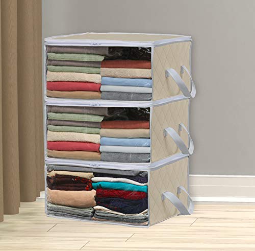 Simple Houseware 3 Pack Foldable Closet Organizer Clothing Storage Box with Clear Window, Beige Medium - NewNest Australia