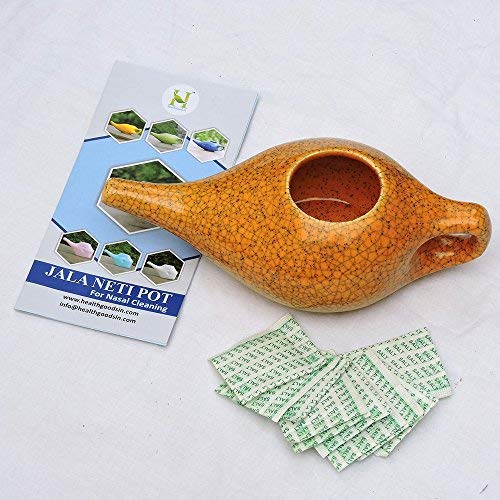 Ceramic Neti Pot for Nasal Cleansing Crackle Pattern | Neti Pot with 10 Sachets of Neti Salt + Instructions Leaflet | Natural Treatment for Sinus, Infection and Congestion (Orange) - NewNest Australia