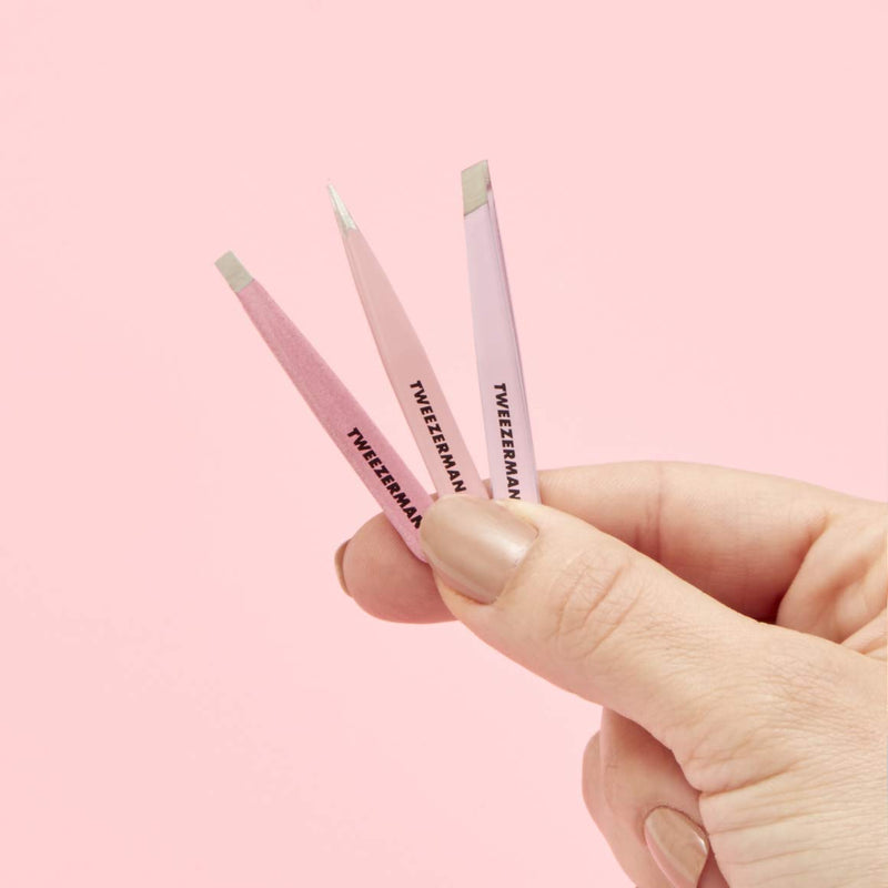 TWEEZERMAN mini tweezers set, 3 pieces for eyebrow plucking for travel and on the go, pink - NewNest Australia