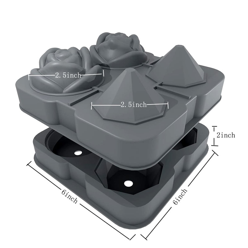 Ice Cube Tray, HANCELANT 2.5inch Ice Cube Molds, 2 Cavity Silicone Rose & 2 Diamond Ice Ball Maker, Easy Release Large Ice Cube Form for Chilling Cocktails, Whiskey, Bourbon & Homemade Juice (Grey) Gray - NewNest Australia