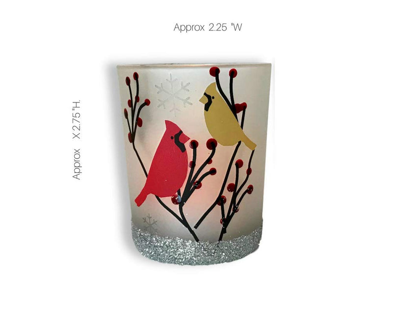 NewNest Australia - BANBERRY DESIGNS Cardinal Votive Holders - Set of 3 Frosted Glass Candle Holders - Cardinal Birds in a Winter Scene with Berries - 3 Flameless Tealight Candles Included 