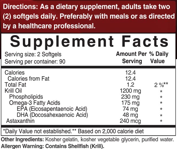 Triple Strength Antarctic Krill Oil Supplement, 1200mg Per Serving, 180 Softgels, Source of Natural Omega 3, EPA, DHA and Astaxanthin, Heart Health Supplement With No Fish Oil Aftertaste, Mercury Free 180 Count (Pack of 1) - NewNest Australia