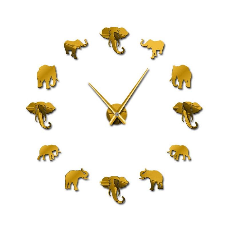 NewNest Australia - The Geeky Days Jungle Animals Elephant DIY Large Wall Clock Home Decor Modern Design Mirror Effect Giant Frameless Elephants DIY Clock Wall Watch (Gold) Gold 