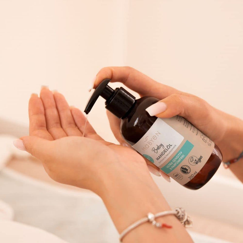 Mabyen Organic Baby Oil Almond | Baby Almond Oil Ideal For Baby Care And As Baby Massage Oil - 200 Ml In Practical Pump Bottle - Strengthens The Connection Between You And Your Baby - NewNest Australia