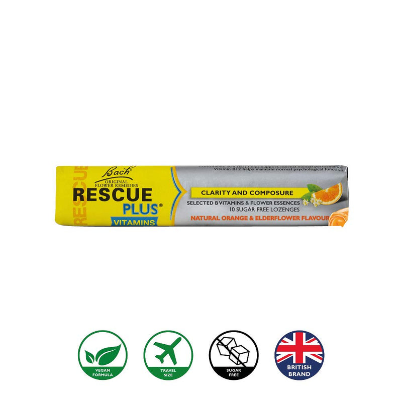 Rescue Plus Lozenge, Orange and Elderflower Flavour, food supplement, to support normal mental performance, Vitamins B5 and B12, Alcohol free, 10 Lozenges, Packaging may vary - NewNest Australia