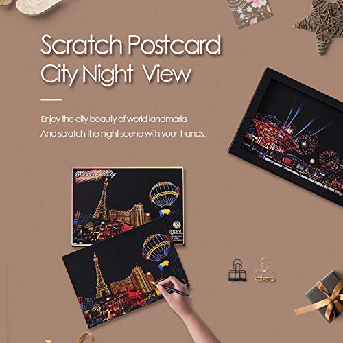 Magic Scratch Art Paper(7.9"x5.5") Rainbow Landscape Engraving Art Mini Scratchboard DIY Pads for Adults and Kids, Crafts Set: 12 Sheets Scratch Postcard Cards & Drawing Pens, Brush (Building Series) Building Series - NewNest Australia