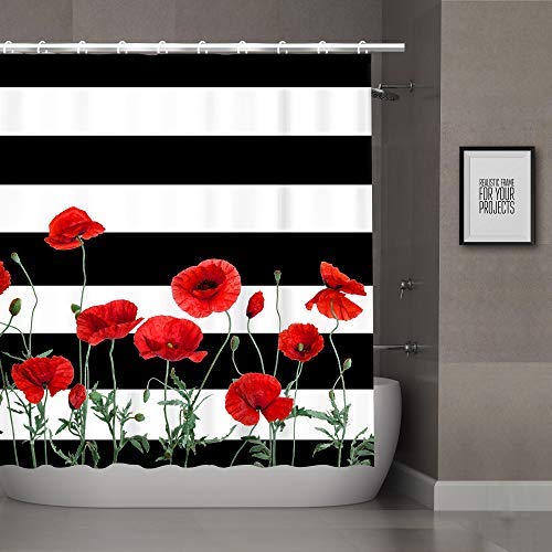 Stacy Fay Poppy Floral Shower Curtain Striped Bath Curtains with 12 Hooks Black and White Stripes Bathroom Decor 72 Inch (RED) - NewNest Australia