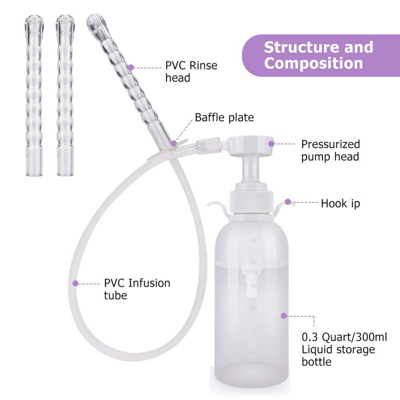 Reusable Vaginal Cleansing System, 300ml Vaginal Cleanser Vaginal Douche for Women, Anal Douche Manual Pressure Enemas for Douche Vagina Cleaning Kit with 3 Nozzle Tips, Suitable for Men and Women - NewNest Australia