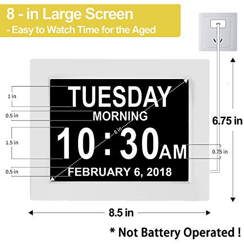 JALL 【Upgraded】 Digital Calendar Alarm Day Clock - with 8" Large Screen Display, am pm, 5 Alarm, for Extra Large Impaired Vision People, The Aged Seniors, The Dementia, for Desk, Wall Mounted, White - NewNest Australia