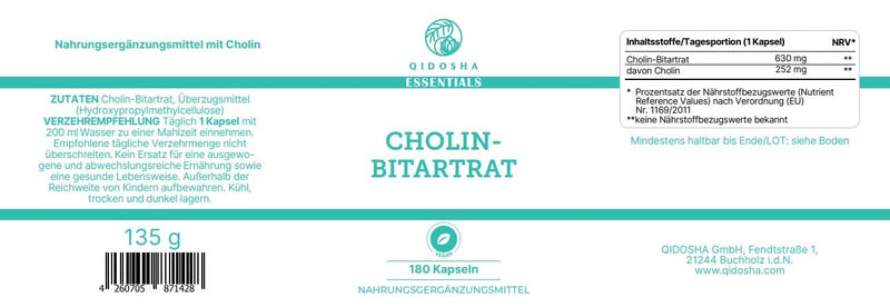 QIDOSHA® choline bitartrate capsules high dosage, 180 capsules in a pharmacist jar, full 630mg choline bitartrate per capsule, vegan, laboratory tested, German production - NewNest Australia
