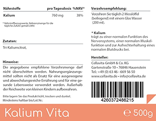 Cellavita Kalium Vita (Nerve-Muscle-Blood Pressure) Capsules & Powder | made from potassium citrate without any other additives or free-flowing aids | (500g powder) 500g (pack of 1) - NewNest Australia