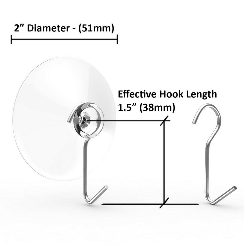 NewNest Australia - Suction Cup Hooks, Set of 6, 2" Clear Heavy Duty Cups W/Stainless Hook, Best for Shower, Bathroom, Kitchen, Windows - Super Strong Pads Makes Them Perfect for Outdoor Use On Wreaths & Bird Feeders 