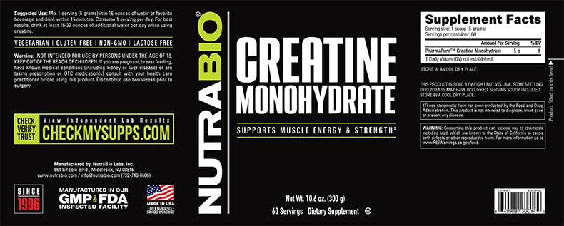 NutraBio Creatine Monohydrate - Pure Grade - Supports Muscle Energy and Strength - (300 Grams) - Unflavored, HPLC Tested (300g) 300g - NewNest Australia