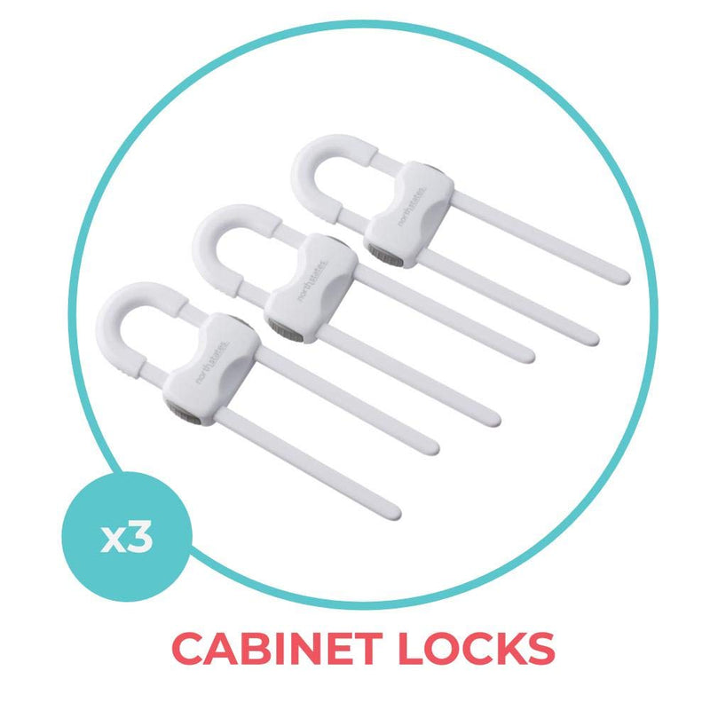 Toddleroo by North States Sliding Cabinet Locks | Keep Side by Side cabinets Safely and securely Closed | Works on Cabinet Handles up to 4.5" Apart | Baby proofing with Confidence (3-Pack, White) - NewNest Australia