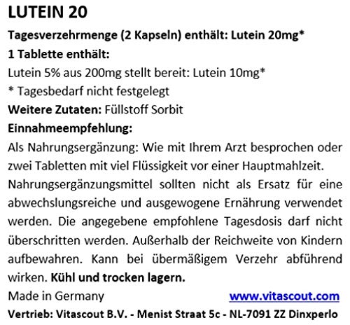 Lutein 20 II 250 tablets of 10 mg each - for over 4 months - WITHOUT MAGNESIUM STEARATE - MADE IN GERMANY from VITASCOUT® - NewNest Australia