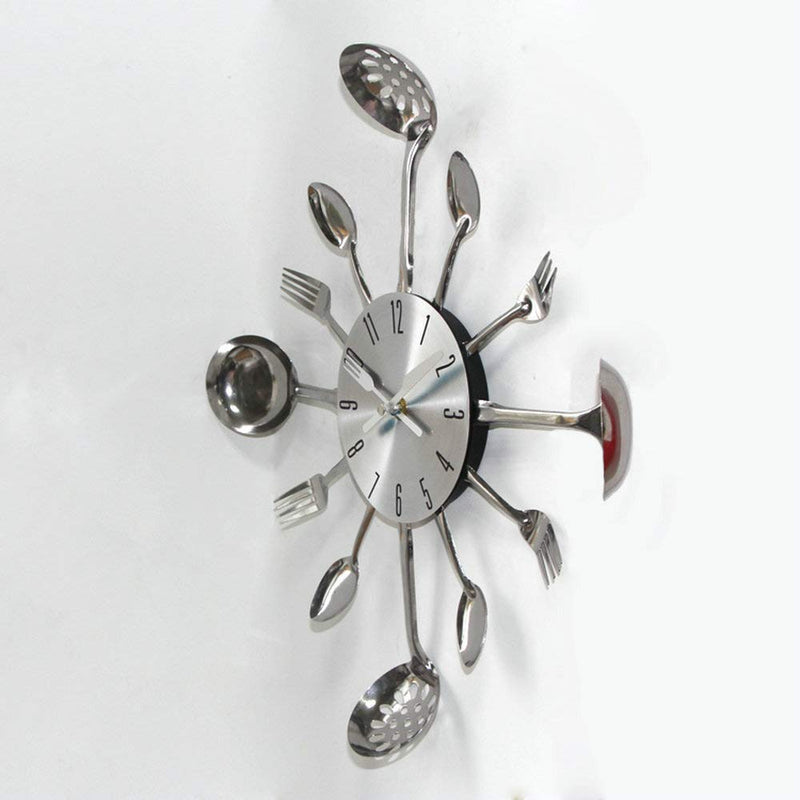 NewNest Australia - Timelike Wall Clock, 16" Metal Kitchen Cutlery Utensil Spoon Fork Wall Clock Creative Modern Home Decor Antique Style Wall Watch (Silver) Silver 