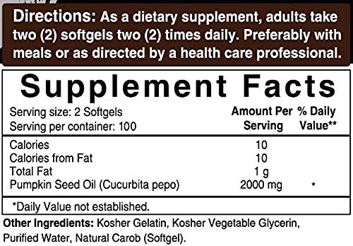 Double Strength Virgin Pumpkin Seed Oil Capsules, 2000mg Per Serving, 200 Soft-gels, Cold Pressed, Rich in Omega 3 6 Essential Fatty Acids, Prostate & Bladder Supplements for Men and Women, No GMOs 200 Count (Pack of 1) - NewNest Australia