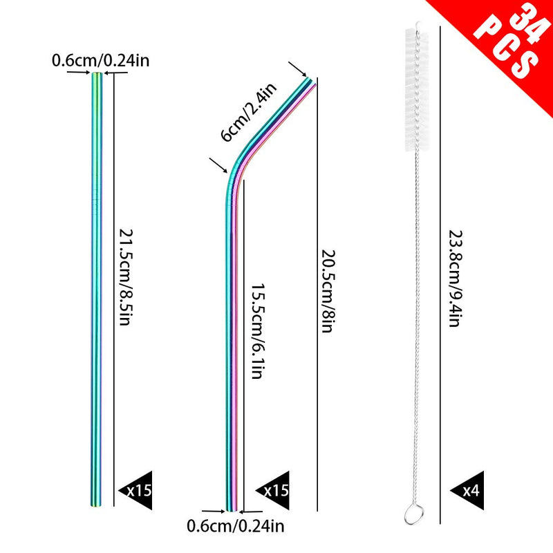 NewNest Australia - [30 PCS] Value Pack Metallic Reusable Stainless Steel Straws Combinations, Tomorotec Home Metal Straw Sets with Cleaning Brushes, 15 Straight 15 Bent For Tumblers Beverage Drinks Cocktail (Colorful) 