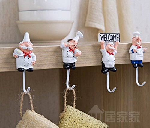 NewNest Australia - TA BEST Pack of 4 Resin French Chef Figurine Wall Hooks Decorative Cook Wall Mount Rack Hook Hanger(Assorted Style) 