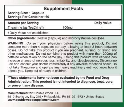 Theacrine (Teacrine) - Energy and Exercise Stamina Supplement - 100 Mg - 60 Capsules (Made and Third Party Tested in The USA) by Double Wood Supplements - NewNest Australia
