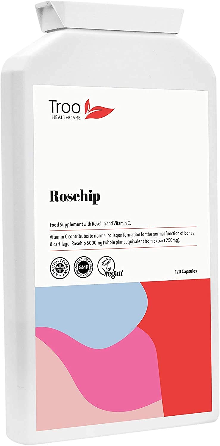 Rosehip Supplements 5000mg with Vitamin C to Support Bones, Cartilage and Collagen Formation - 120 Capsules - High Strength 5000 mg Rosacanina - Up to 4 Months Supply UK Manufactured to GMP Standards - NewNest Australia