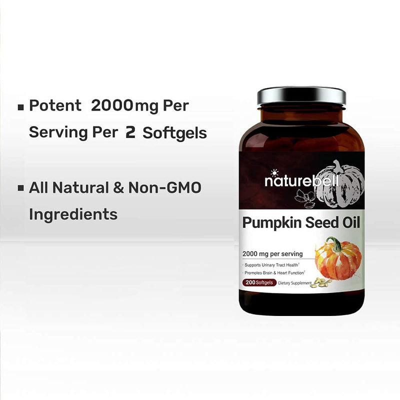 Double Strength Virgin Pumpkin Seed Oil Capsules, 2000mg Per Serving, 200 Soft-gels, Cold Pressed, Rich in Omega 3 6 Essential Fatty Acids, Prostate & Bladder Supplements for Men and Women, No GMOs 200 Count (Pack of 1) - NewNest Australia