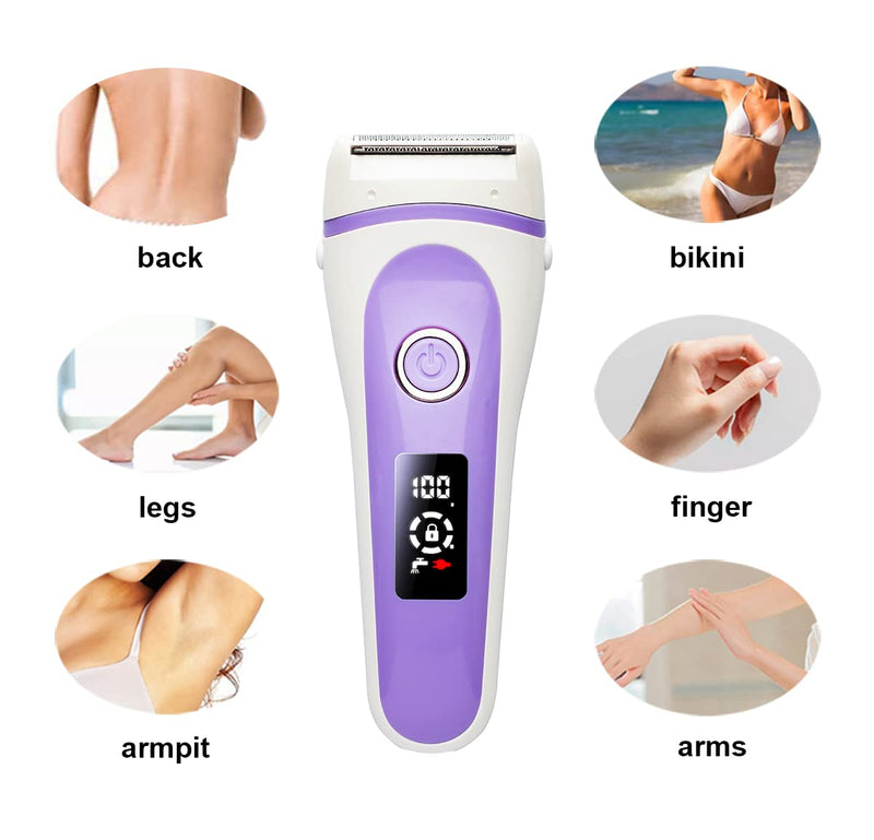 Lady Shaver for Women, Bikini Trimmer Electric Razor Women Rechargeable Body Hair Removal for Face, Lip, Arms, Legs, Underarms Wet Dry Use with LED Display (Purple) Purple - NewNest Australia