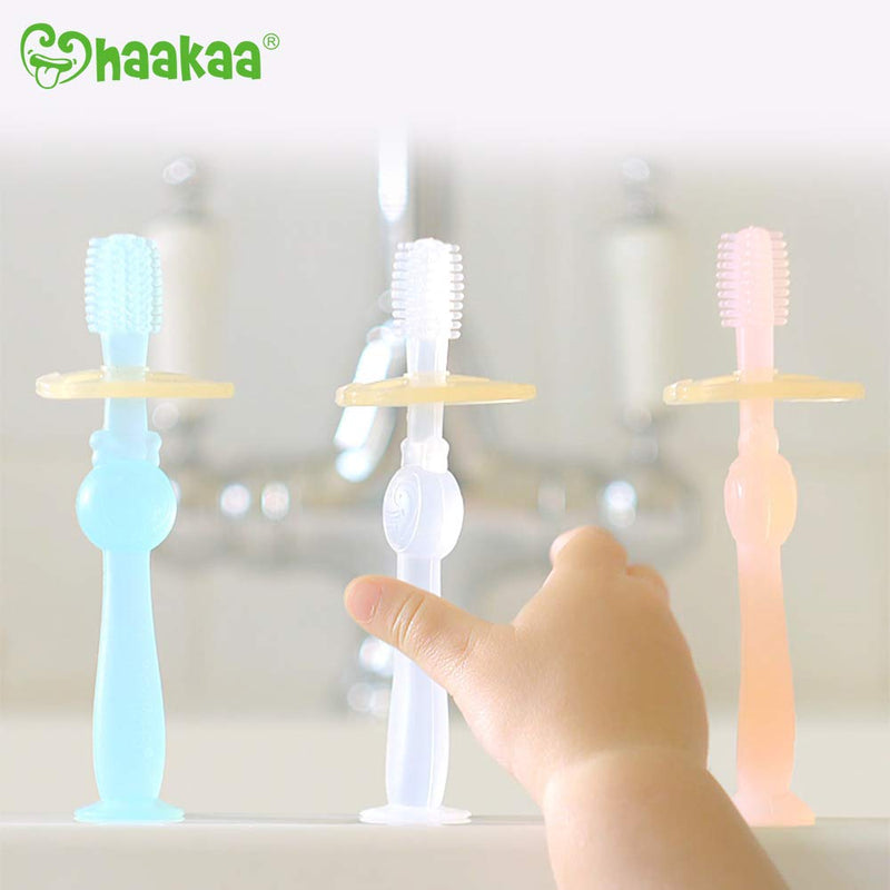 Haakaa 360° Baby Toothbrush with Suction Base Infant Silicone Toothbrush Teethers for Babies Teething Toys,1pc (Blue) Blue - NewNest Australia