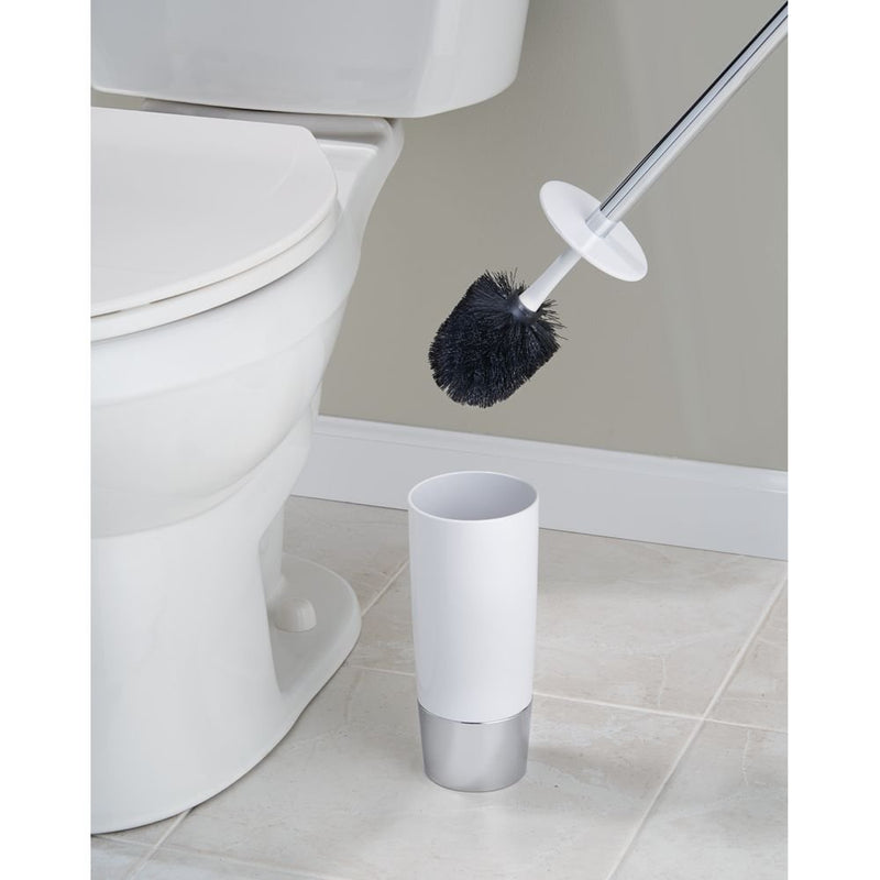 iDesign 99000 Duetto Plastic Toilet Bowl Brush and Holder, Slim Set for Bathroom Cleaning and Storage, 4" x 4" x 17.2", White and Chrome - NewNest Australia