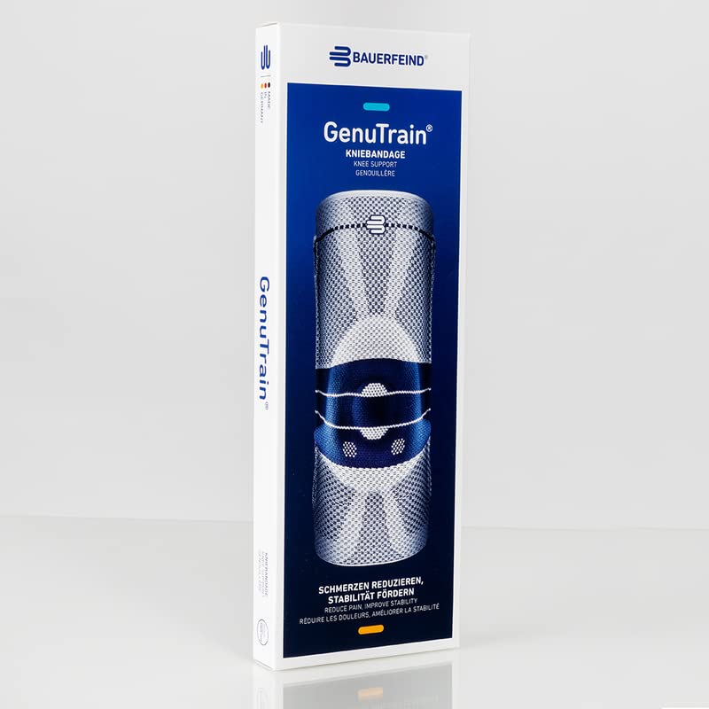 Bauerfeind GenuTrain unisex knee support for relief, stabilization and activation after injury, surgery or in chronic cases such as gonarthrosis (joint wear) or arthritis Titanium Size: 2 Without silicone edge - NewNest Australia