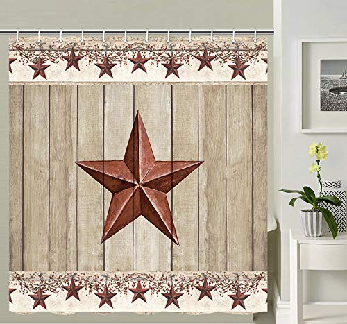 Rustic Barn Star on Wooden Door Shower Curtain, Western Texas Star and Primitive Berries on Country Wooden Plank Bath Curtains, Polyester Fabric Bathroom Shower Curtain 12PCS Hooks 69X70IN 69X70 - NewNest Australia