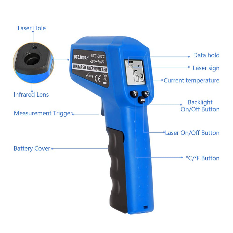 Infrared Thermometer Temperature Gun -58℉~ 716℉ (-50℃ ~ 380℃) Non-Contact Instant-Read Digital Laser Infrared Ir Thermometer with Backlight (Blue) Blue1 - NewNest Australia