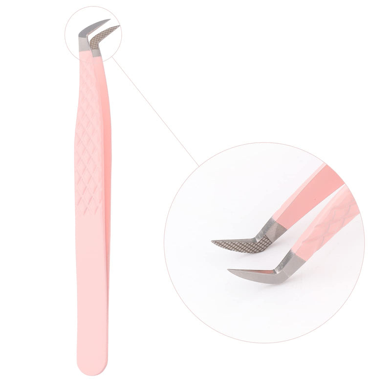 One Piece Eyelash Extension Tweezers, Pink Stainless Steel Curved Tip Professional Eyelash Tweezers Striped FADVAN(Olecranon Clip) LW-YZ - NewNest Australia
