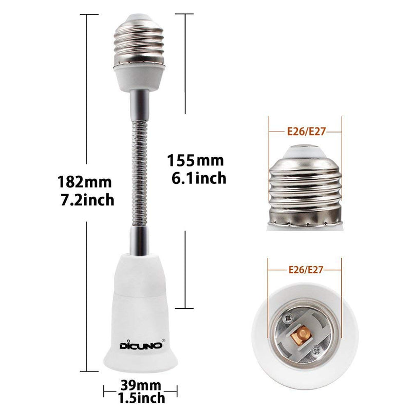 DiCUNO E26 15.5CM/5.5 Inch Extension Socket Extender Adapter, E26 to E26 Flexible Extension, All-Directional Adjustable Standard Medium Light Bulb Socket Converter (2-Pack) 2 - NewNest Australia