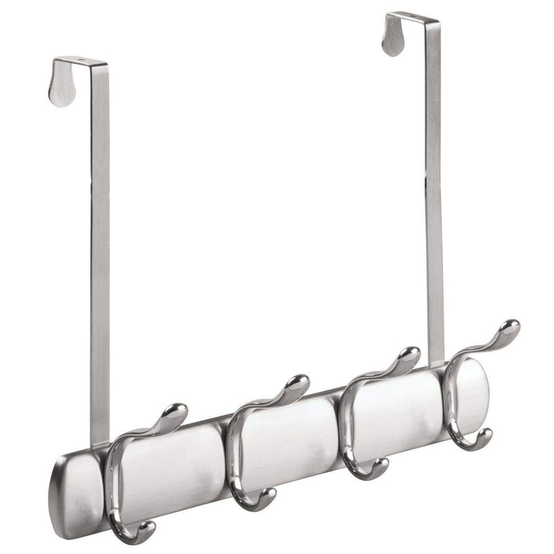 NewNest Australia - iDesign Bruschia Metal Over the Door Hanging 4-Hook Rack for Coats, Hats, Robes, Towels in Bathroom, Bedroom, Dorm, Entryway, 13" x 4.42" x 11.25", Brushed Nickel and Chrome Brushed and Chrome 4 Hook 