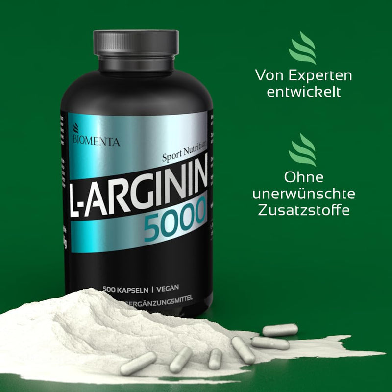 BIOMENTA L-Arginine 5000 - 500 high-dose arginine capsules - vegan - normal size - premium quality - NewNest Australia