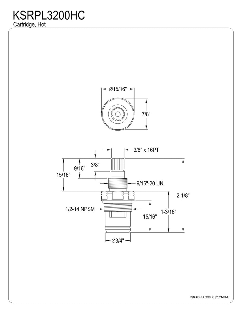 Kingston Brass KSRPL3200HC Hot Ceramic Disc Cartridge For CC Basin Faucet, 2-1/16" Length - NewNest Australia