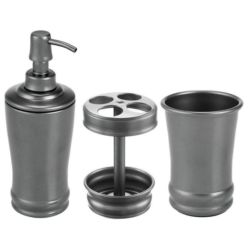 mDesign Metal Bathroom Vanity Countertop Accessory Set - Includes Refillable Soap Dispenser, Divided Toothbrush Stand, Tumbler Rinsing Cup - 3 Pieces - Graphite Gray - NewNest Australia