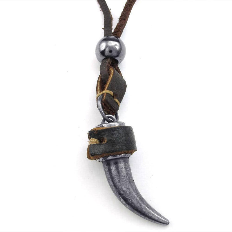 jonline24h Mens Adjustable Tribal Wolf Tooth Pendant Leather Necklace Chain Brown Black Silver - NewNest Australia