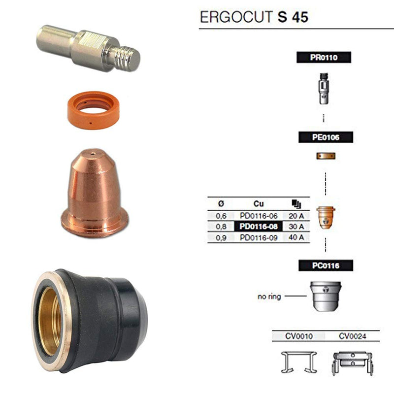 RX WELD 23pcs Plasma Cutter Torch S45 Accessory Kit PR0010 Electrodes PD0116-08 Nozzle Tips Spacer Guide Retaining Cap Gas Diffuser CV0010 Consumables For S45 Torch - NewNest Australia