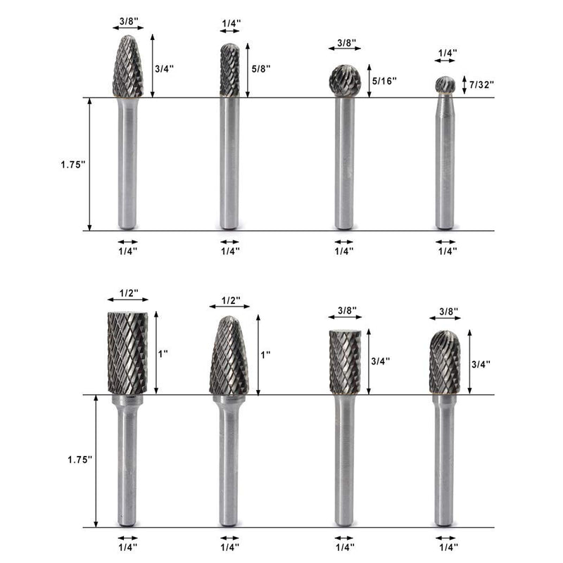 YUFUTOL Carbide Burr Set with 1/4''(6.35mm) Shank 8pcs Double Cut Solid Carbide Rotary Burr Set for Die Grinder Drill, Metal Wood Carving, Engraving,Polishing,Drilling - NewNest Australia