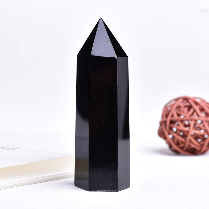 NewNest Australia - Runyangshi Large Natural Black Obsidian Healing Crystal Wand, 3.9"-4.3" (10-11cm) Crystal Tower 6 Faceted Single Point Crystal Prism Wand Natural Stones for Healing Meditation Reiki Chakra Therapy 3.9"-4.3" (10-11cm) 