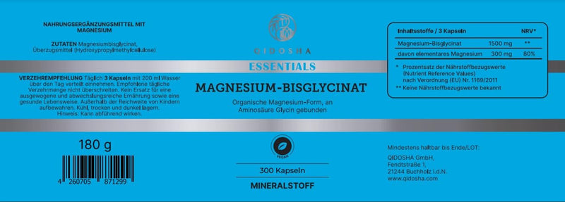 QIDOSHA® Magnesium Bisglycinate capsules, 300 pieces in a pharmacy jar, organic magnesium form as magnesium glycinate, 300 mg elemental magnesium per daily portion from 1500 mg magnesium bisglycinate - NewNest Australia