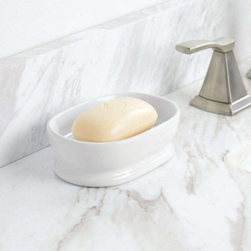 mDesign Decorative Ceramic Bar Soap Dish Tray for Bathroom Vanities, Countertops, Pedestals, Kitchen Sink - Store Hand Soap, Pumice Bars, Sponges, Scrubbers - White - NewNest Australia