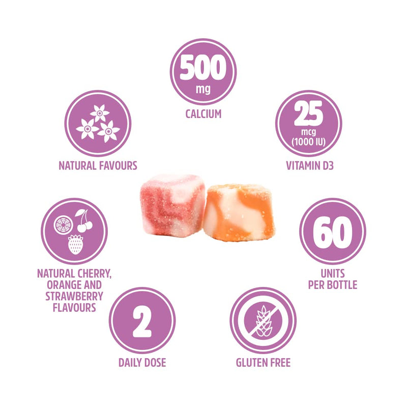 VITALDIN Calcium + Vitamin D3 Gummies - 500 mg calcium & 1,000 IU vitamin D - 60 fruit gummies (1 month) fruit flavor - for maintaining normal bones and teeth - gluten free - children & adults - NewNest Australia