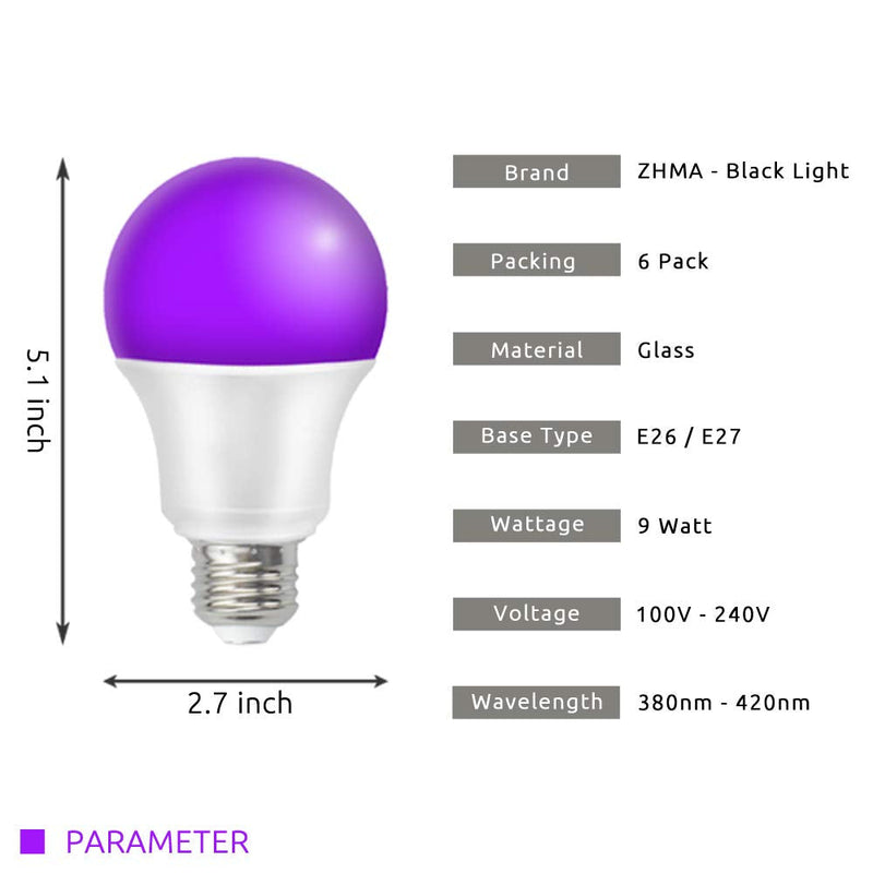 ZHMA UV LED Black Light Bulbs, 9W E26 LED Blacklight Bulb, Black Lights for Glow Party, Bedroom, Black Light Fluorescent Poster, Body Paint (6 Pack) - NewNest Australia
