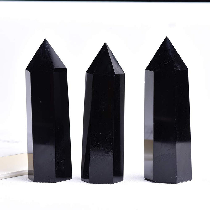 NewNest Australia - Runyangshi Large Natural Black Obsidian Healing Crystal Wand, 3.9"-4.3" (10-11cm) Crystal Tower 6 Faceted Single Point Crystal Prism Wand Natural Stones for Healing Meditation Reiki Chakra Therapy 3.9"-4.3" (10-11cm) 