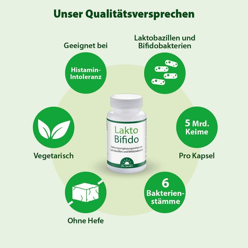 Dr. Jacob's LaktoBifido 90 capsules I guarantees 5 billion lactobacilli and bifidobacteria per capsule I suitable for histamine intolerance (HIT) I without yeast and gluten I 90 portions - NewNest Australia