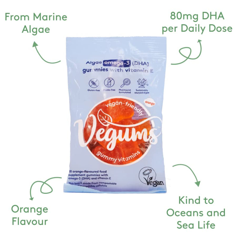 Vegums Fish-Free Omega-3 for Kids and Adults | 30 Orange-Flavoured Food Supplement Gummies with Omega-3 (DHA) Sourced from Marine Algae & Vitamin E | Suitable for Vegans and Vegetarians 30 Count (Pack of 1) - NewNest Australia
